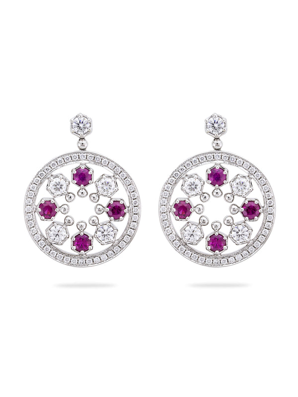 Circus White Gold Diamond and Ruby Drop Earrings