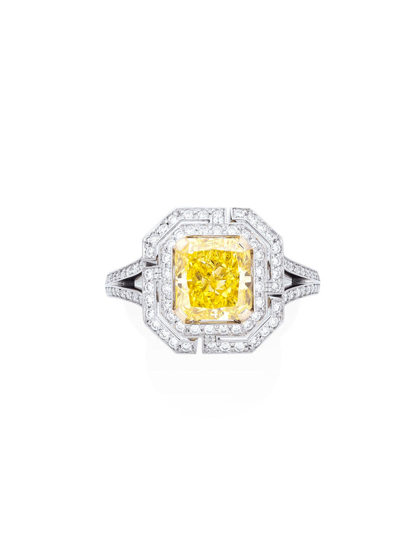 Pavilion Radiant Cut Yellow Diamond Platinum Ring