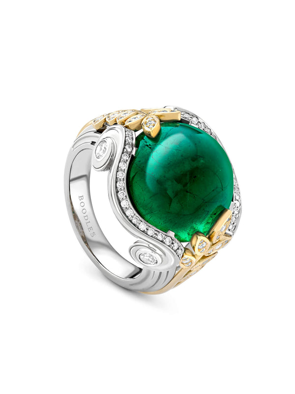 Athens Cabochan Emerald Platinum Yellow Gold Ring