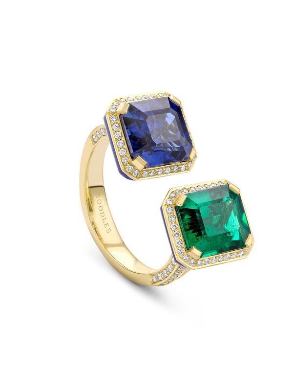 Gemini Emerald and Sapphire Yellow Gold Ring