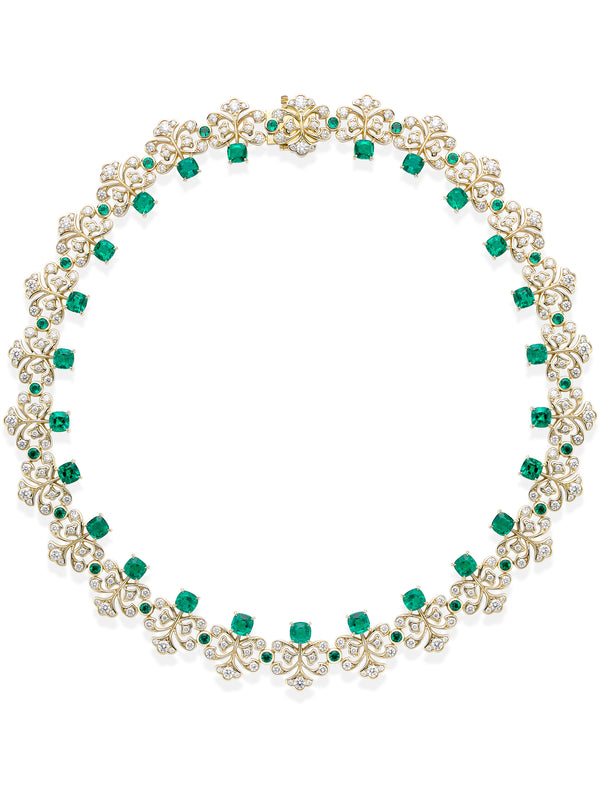 Fern Design Emerald Diamond Yellow Gold Necklace